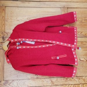 Red Hooded Women's Jacket with Floral Trim